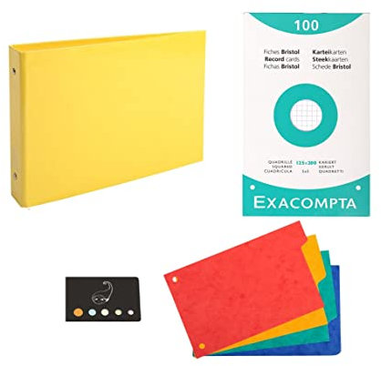 Lot 1 Classeur Pour Fiches + 4 Intercalaires + 100 Fiches Bristol 125 * 200 Petits Carreaux + 1 Index Adhésif Blumie (Jaune)