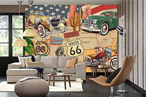 Vlies Fototapete ROUTE 66 PLAKAT 375 x 250 cm (inkl. Kleister) - Vlies Tapete, Wandtapete, Wandbilder - Tapete für Wohnzimmer Schlafzimmer, Büro, Küche - Montagefertig