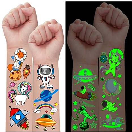 Leesgel 24 Blätter Weltraum Kindertattoos, Leuchtende und Farbige Aufkleber, Temporäre Tattoos für Kindergeburtstag, Weltraum Geschenk für Jungen, Planeten Spielzeug