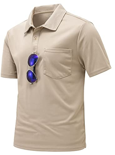donhobo Poloshirt Herren T-Shirts Männer Hemd Kurzarm Outdoor Funkionshirts Schnelltrocknend Atmungsaktives Casual Golf Sports Shirts mit Brillenhalter Knopfleiste (Khaki, M)
