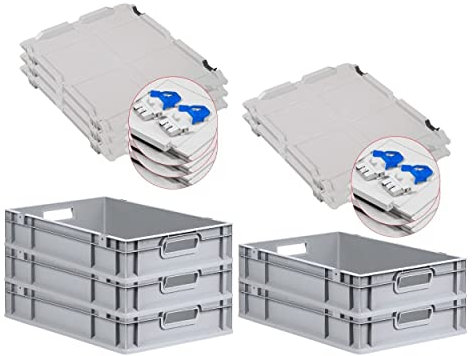 PROREGAL SuperSparSet 5x Eurobox NextGen Grip mit Scharnierdeckel und blauen Schiebeschnappverschlüssen, HxBxT 12x40x60cm, 23 L, Grau, Griffe offen, Eurobehälter, Transportbox