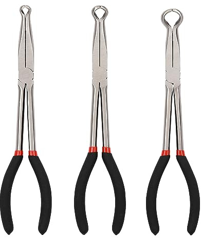 CASOMAN 3Pcs 11 Hose Gripper Plier Set, Black & Red, 5/16-Inch, 1/2-Inch, 3/4-Inch Dia, Offset Spark Plug Boot Removal Pliers Serrated Jaws for Hard to Reach Narrow Spaces