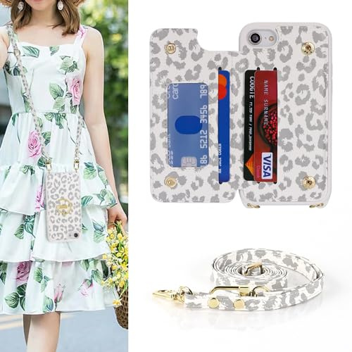 SailorTech iPhone 7/8/SE2/SE3 Case with Credit Card Holder, iPhone 7/8/SE 2020 Phone Leather Case Ring Stand with Kickstand Strap Card Slots Wallet Crossbody for iPhone 7/8/SE 2022 - White Leopard