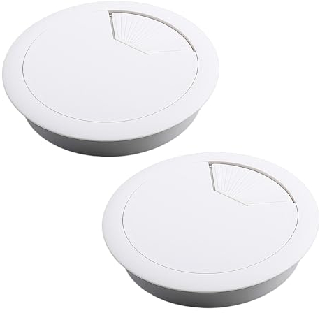 Juego de 2 arandelas blancas de 80 mm para la oficina, caja de gestión de cables cortada, pasacables de plástico, agujeros para cable para el escritorio de la computadora, adecuado para organizar