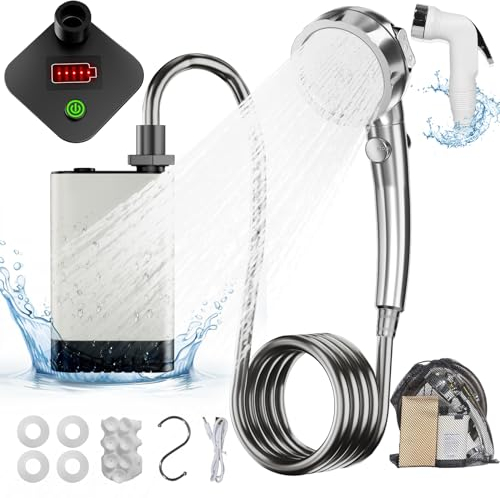Doccia portatile per campeggio, pompa elettrica ricaricabile da campeggio con display del livello della batteria, soffione a spruzzo multiplo, modalità a 3 velocità e pulsante di pausa per viaggi
