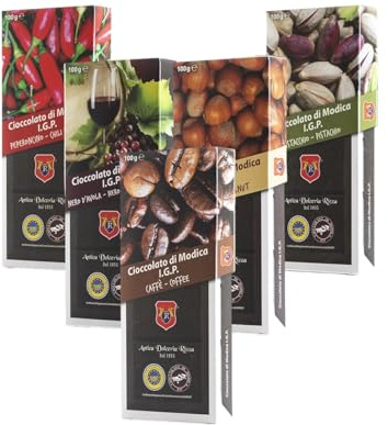 Sicilia Bedda - CIOCCOLATO DI MODICA IGP - 5 Barrette da 100 Grammi - CIOCCOLATO Rizza FONDENTE SENZA GLUTINE (Peperoncino/Pistacchio/Nero d'Avola/Nocciola/Caffè)
