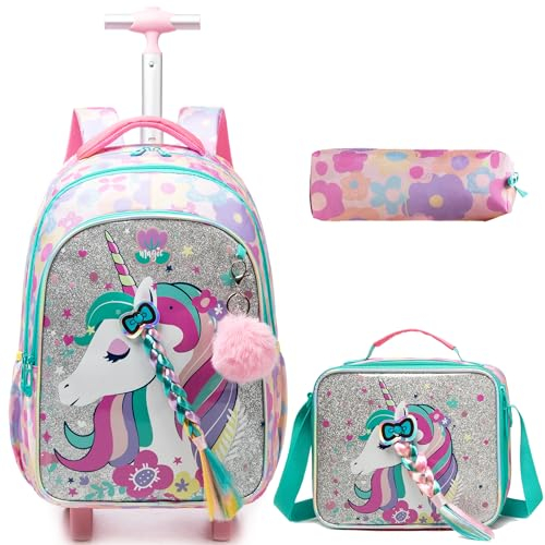 HTgroce Schulranzen Trolley Mädchen Rolling Backpack for Girls Einhorn Rucksack Mit Rollen 2. klasse