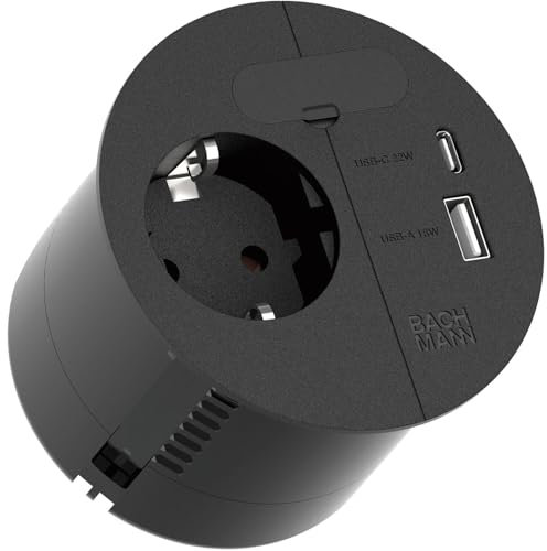 BACHMANN Einbausteckdose LOOP IN CHARGE 1x Steckdose 1x USB A/C 22W mit Kabeldurchführung 2m Zuleitung für Büro, Besprechungsraum und Wohnraum in Schwarz 938.201