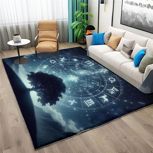 Super Weich Blau Kurzflor Teppich 80 x 150 cm, Flauschiger Konstellationen Sterne Galaxien Rutschfester Teppich für Wohnzimmer Schlafzimmer Kinderzimmer Esszimmer - Waschbar Langlebig Läufer