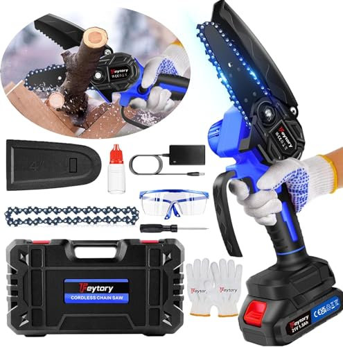 Mini Motosega a Batteria per Potatura con Batterie di grande capacità e 2 Catene,4 Pollici Sega a Batteria per Potatura,con serratura di sicurezza,Motosega Elettrica per tagliare alberi e potare rami
