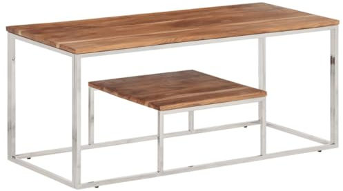 vidaXL Couchtisch, Beistelltisch mit Ablage, Kaffeetisch Sofatisch Teetisch für Wohnzimmer, Wohnzimmertisch, Modern, Silbern Edelstahl Massivholz Akazie