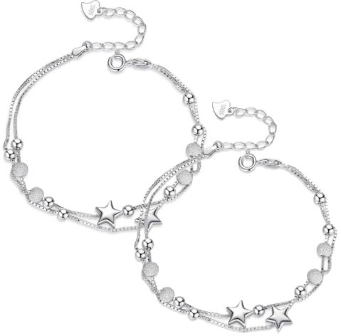 WMUVAZA Damen Armband Layered Doppelt Kette Silber, 2 Stück Korn und Sterne Double Layered Armkettchen Verstellbar Schmuck