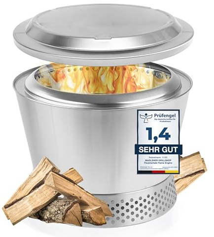grillshop.at Feuerschale rauchfrei mit Deckel - Edelstahl Grill Feuerschalen für den Garten - Feuertonne Flame Engine - Feuertonne mit Grillrost optional - Modell Vulcano Vesuv