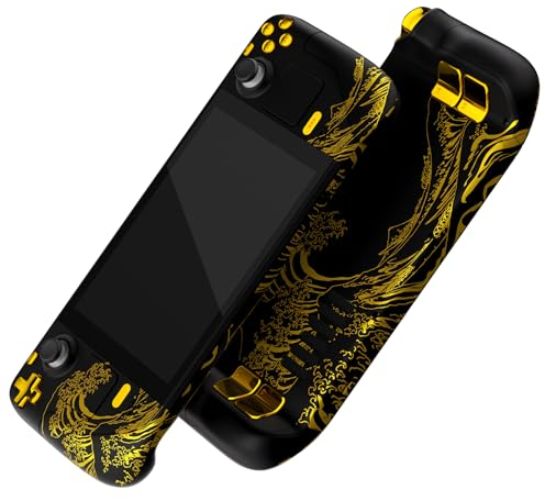 eXtremeRate Carcasa Compatible con Steam Deck LCD Accesorios Protectora Placa de Repuesto Cubierta Funda Case con Botones para Steam Deck-Consola NO Incluida(La Gran Ola Dorada-Negro)