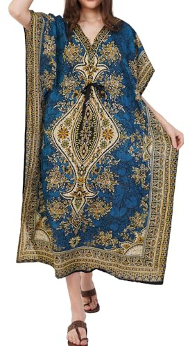 Divine threads -- Women's Kaftan Floral Print/Beach Cover Up/Plus Size V-Neck Loose Kimono Maxi Dress
