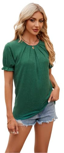 GRACEART Camiseta de verano para mujer, cuello redondo, manga linterna, color sólido, verde oscuro, L