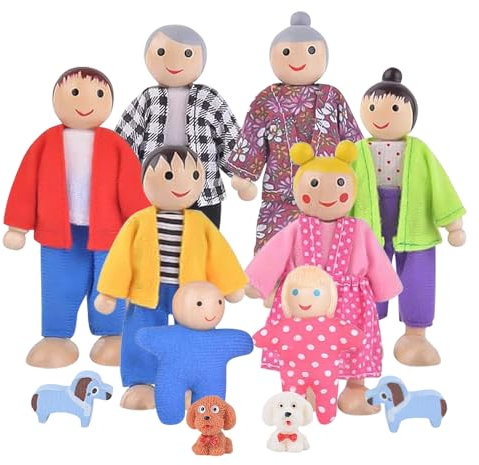 AVCXEC Puppen für Puppenhaus Familie, 12 Stück Puppenhaus Figuren Puppen Familie Set Holzpuppe Spielzeug mit Katze und Hund Puppenfamilien Figuren Biegepuppen für Puppenhaus Zubehör Geschenk