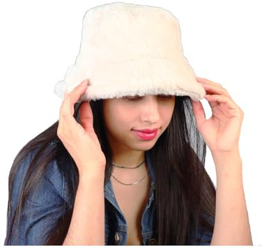 Eigso Unisex breite Krempe Beige Fuzzy Eimer Hut für Frauen Männer Vintage weichen Plüsch pelzigen Eimer Hüte für Frau Mann