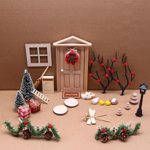 Nabeta Deco Weihnachten Puppenhaus Miniatur Dekoration Puppen Zubehör Ausstattungen Möbel Natur Holz Wichteltür Komplettset Holz Baum Küken Zwergtor Zwergtor Mini Weihnachtskranz