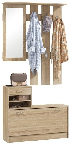 HOMCOM Set Mobili Ingresso Moderno con Scarpiera e Specchio, Appendiabiti da Ingresso con 6 Ganci, 2 Ripiani Regolabili e Cassetti in Legno per Corridoio, 90x24x177 cm, Quercia