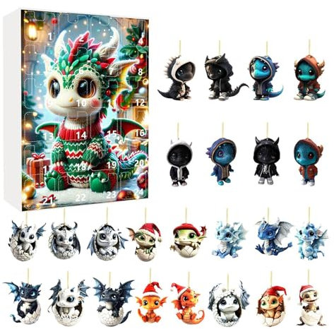 Blue Dragon Adventskalender 2024 | 24-Tage Weihnachts Countdown Kalender 2024 | 2D Flache Acryl Drachen Ornamente Weihnachtsbaumschmuck | Drachen Anhänger Deko Weihnachts Adventskalender 2024