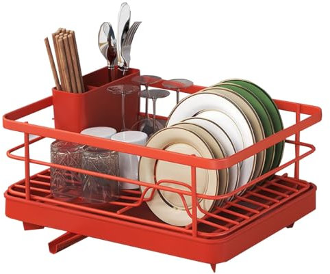Escurridor de platos compacto de acero inoxidable con escurridor y soporte para utensilios para encimera de cocina, boquilla de drenaje de 360°, color rojo