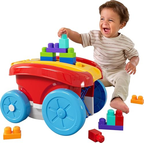 MEGA BLOKS First Builders Toddler Building Toy, Block Scooping Pull Wagon with 20 Pieces and Built-In Storage, Picks Up Blocks, Red, Kids Ages 1+, JFR30