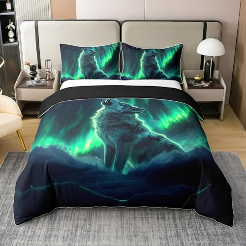 100% Baumwolle Wolf Bettwäsche Set 155x220,Aurora Natural Dreamy Tröster,Wildlife Safari Animal Imprimer Bettbezug,Türkis Wölfe Bettbezug,Reversible