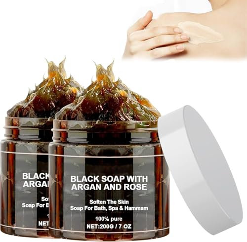 Morocco Black Soap with Argan and Rose, 100% Organic Moroccan Black Soap, Body Exfoliating Soap, Morocco Body Scrub, Exfoliating Shower Gel for Soft Skin - 200 G (2 Pcs)