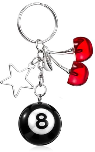 Lot de 8 porte-clés boule de piscine cerise huit balles avec étoile mignon Y2k esthétique et créatif accessoire de voiture pour femmes hommes clés de billard amateurs de sport, Noir + rouge., M