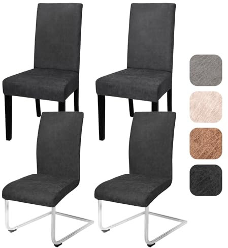 Alishomtll Sämischleder Stuhlhussen 4er/6er Set Vintage PU Stretch Stuhlbezug Elastische Universal Esszimmer Stuhlbezüge Abnehmbar Waschbar Stühle Schutz für Küche Restaurant Hotel (Schwarz, 4 Stück)