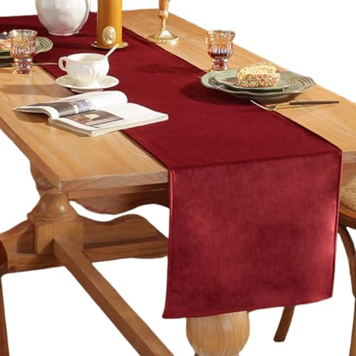 HSTWODE 1 Stück Samt Tischläufer, Tischläufer Modern, Abwaschbar, für Esszimmer Party Urlaub Draußen Drinnen Dekoration (33 x 160cm,burgundisch)