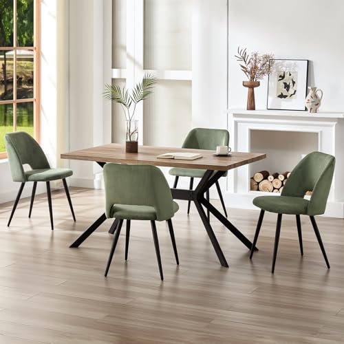 ANVOFONG Esstisch-Set mit 4 grünen Stühlen, 140 x 80 x 76 cm, rechteckiger Holztisch mit Ausgeschnittenen Rückenstühlen, für Küche, Esszimmer und Wohnzimmer, dunkelbrauner Tisch