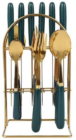 24-Piece Gold Cutlery Set – Modern Stainless Steel Silverware with Ceramic Handles, Includes Knives, Forks, Spoons & Teaspoons, Easy to Clean, Service for 6, Tableware Set with Storage Stand