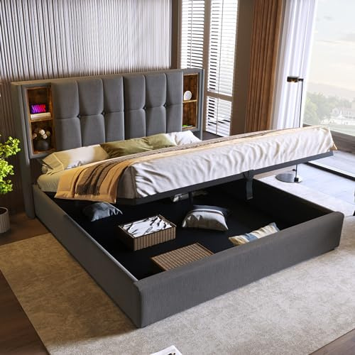 BTM Upholstered Super King Size Bed with Storage and Wireless Charging(USB Tyep-C), Super King Size Bed Frame with Hydraulic Lever, 180x200cm-6ft, Grey Linen Fabric