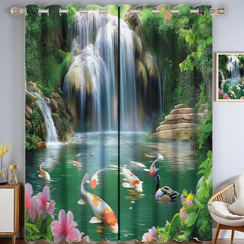 MULERN Verdunkelungsvorhänge mit Ösen, Teich Koi Vorhang Blickdicht Thermovorhang Kälteschutz Gardinen Schlafzimmer, 2er Set H175 x B140 cm, Blackout Curtains Wald Wasserfall Wohnzimmer