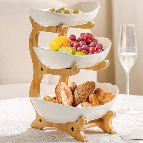 WODFARR Présentoir à fruits à 3 étages, Corbeille a Fruits Céramique avec support en bois résistant, Plateaux de Service pour Gâteaux Fruits Dessert, Décoration Coupe de Fruit-14 * 22.5 * 32cm
