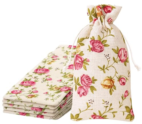 Mandala Crafts 12X16 Inch Rose Burlap Drawstring Gift Bags for Favors - 20 Large Floral Linen Sacks Gift Pouches for Candy, Coffee, Jewelry, Wedding, and Party Supplies