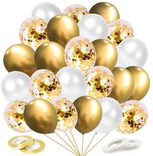 Silvester Deko Luftballons Golden, 60 Stück Gold Weiß Helium Ballons, Neujahr Silvesterdeko Golden Latex Ballons mit Bändern für Valentinstag Ramadan Geburtstag Hochzeit Party Dekoration