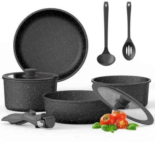 PureGlow Topfset 9-teilig, Pfannenset Induktion, Abnehmbarer Griff - Schwarz
