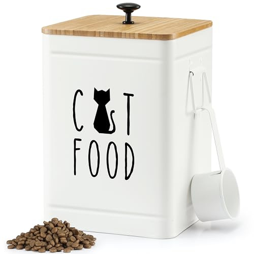 PERFNIQUE Cat Food Storage Container, Airtight Cat Treat Container with Bamboo Lid, 25 Cup Pet Food Storage for Kitchen Countertop, Treat Jars for Pets, Food Container (White, with Spoon)