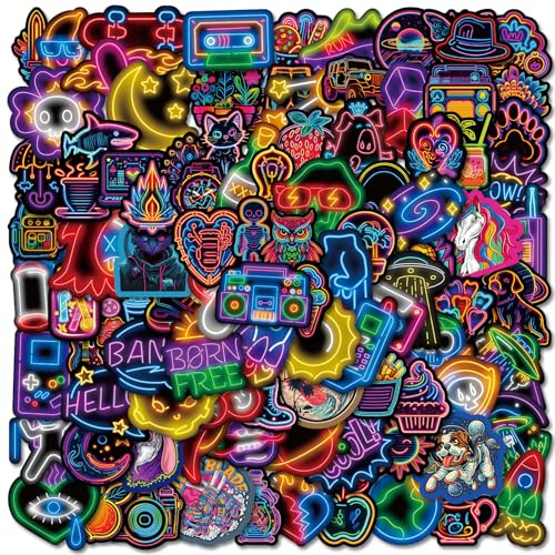 100 Stück Neon Aufkleber für Kinder & Erwachsene, Wasserdichte Vinyl Laptop Aufkleber für Scrapbook Tagebuch Wasserflasche Koffer, Lehrer Belohnung Geschenke für Kinder Klassenzimmer