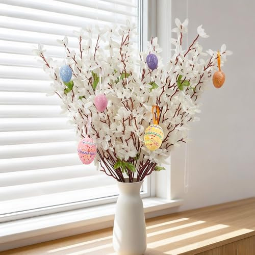2 Stück Künstliche Forsythie Blumen Forsythienzweige Frühlingsblumen | Kunstblumen Frühling Forsythie Künstliche Zweige Wie Echt mit 6 Ostereiern,Osterzweige Deko für Ostern Deko Frühlingsdeko