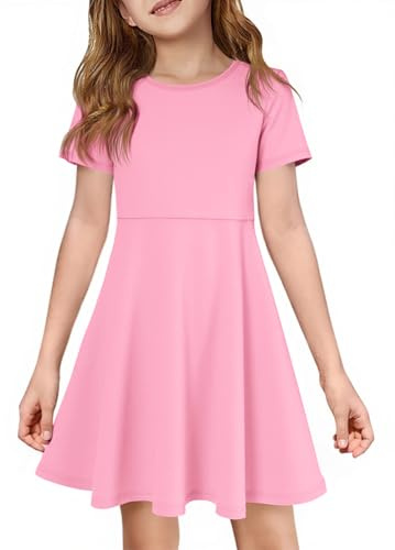 Haloumoning Robe pour fille à manches courtes et col rond - Robe décontractée - Robe d'été unie - Élégante robe de fête d'anniversaire de mariage