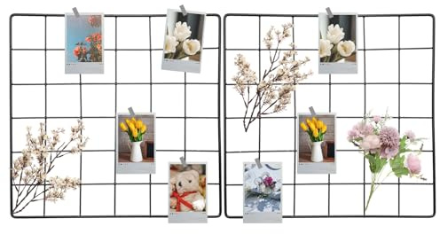 QUARKZMAN 2Pcs Panneau de Grille Mural en Fil Métallique, 12 x 12 Grille d'Affichage Photo, Étagère Décorative, Organisateur Mural avec attaches pour Cadre Photo, Décoration Maison, Noir