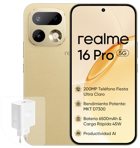 realme 16 Pro 5G Smartphone, 8+256GB, 200MP OIS Kamera, 6500mAh Akku, 6,78 144Hz Flachdisplay, 45W Schnellladung, KI-Funktionen, IP69, Dual-SIM, Gold (mit Netzteil)