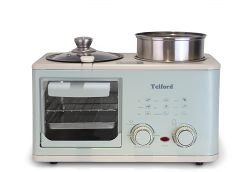 Telford 4 in 1 Breakfast Maker, 1200 Watts Multifunctional Cooking Station with 8L Oven, 1L Steamer Pot, Non-Stick Frying Pan (Black & Red) (Green & White)
