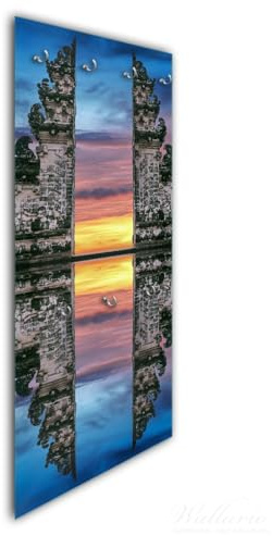 Wallario Wandgarderobe aus Glas in Größe 50 x 125 cm in Premium-Qualität, Motiv: Tempeltor im Sonnenuntergang | 7 Kleiderhaken zum Aufhängen von Jacken