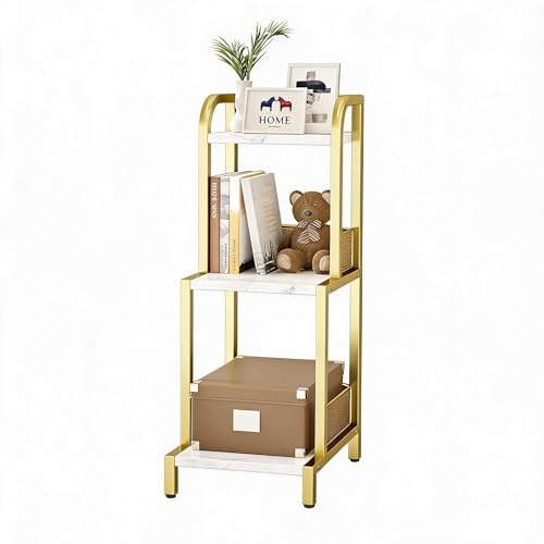 GarveeLife Gold Ladder Bookshelf 3-Tier Marble Effect Bookcase | Modern gold frame with white marble effect shelves, 3-tier open space-saving design for books, plants and decor in living...