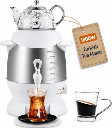 Elektrischer Türkischer Teekocher Samowar, 5L Edelstahlkessel & 1L Teekanne, Warmhaltefunktion white